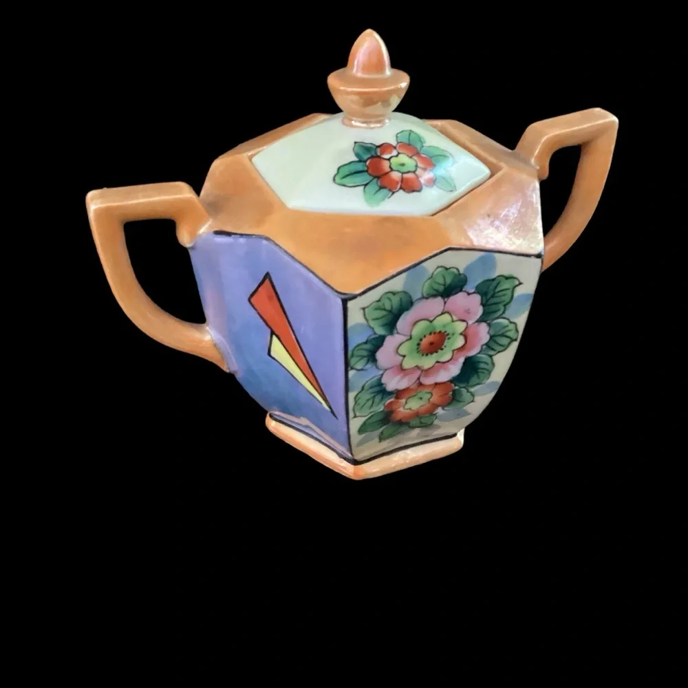 Vintage Lusterware Sugar Pot Ceramic Hexagon Iridescent Glaze